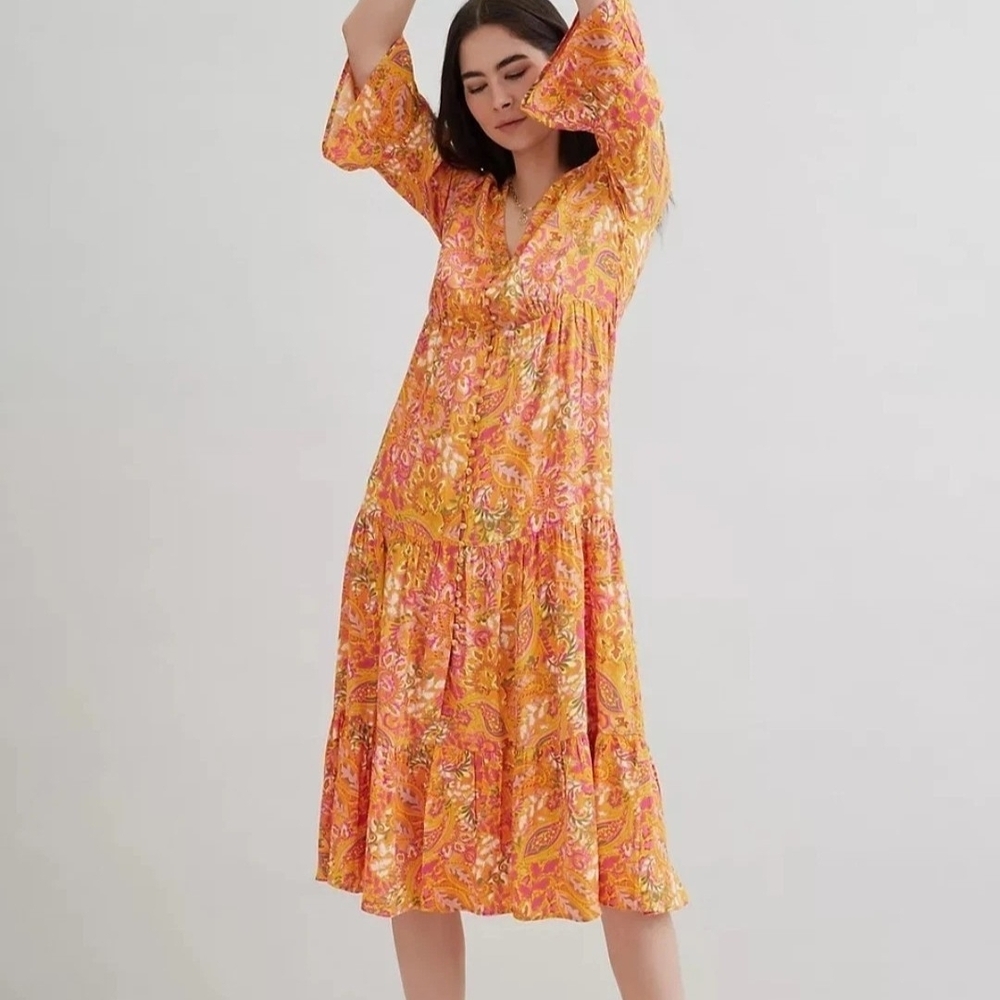Anthropologie Vibrant Orange Floral Midi Dress